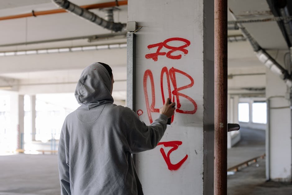 A person in a gray hoodie spray-painting graffiti on a concrete pillar indoors.