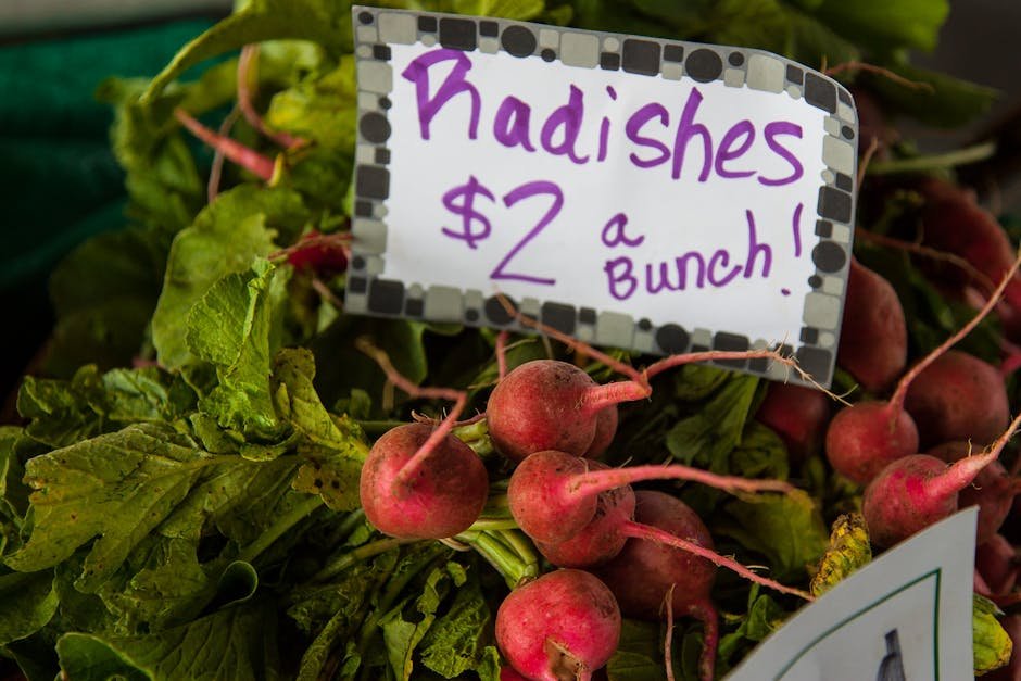 Bunch of radishes with price tag at a local market stand.