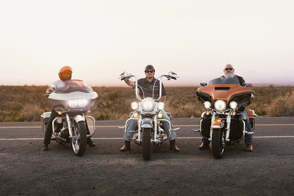 Three bikers on motorcycles riding on a scenic road during sunset in New Mexico.